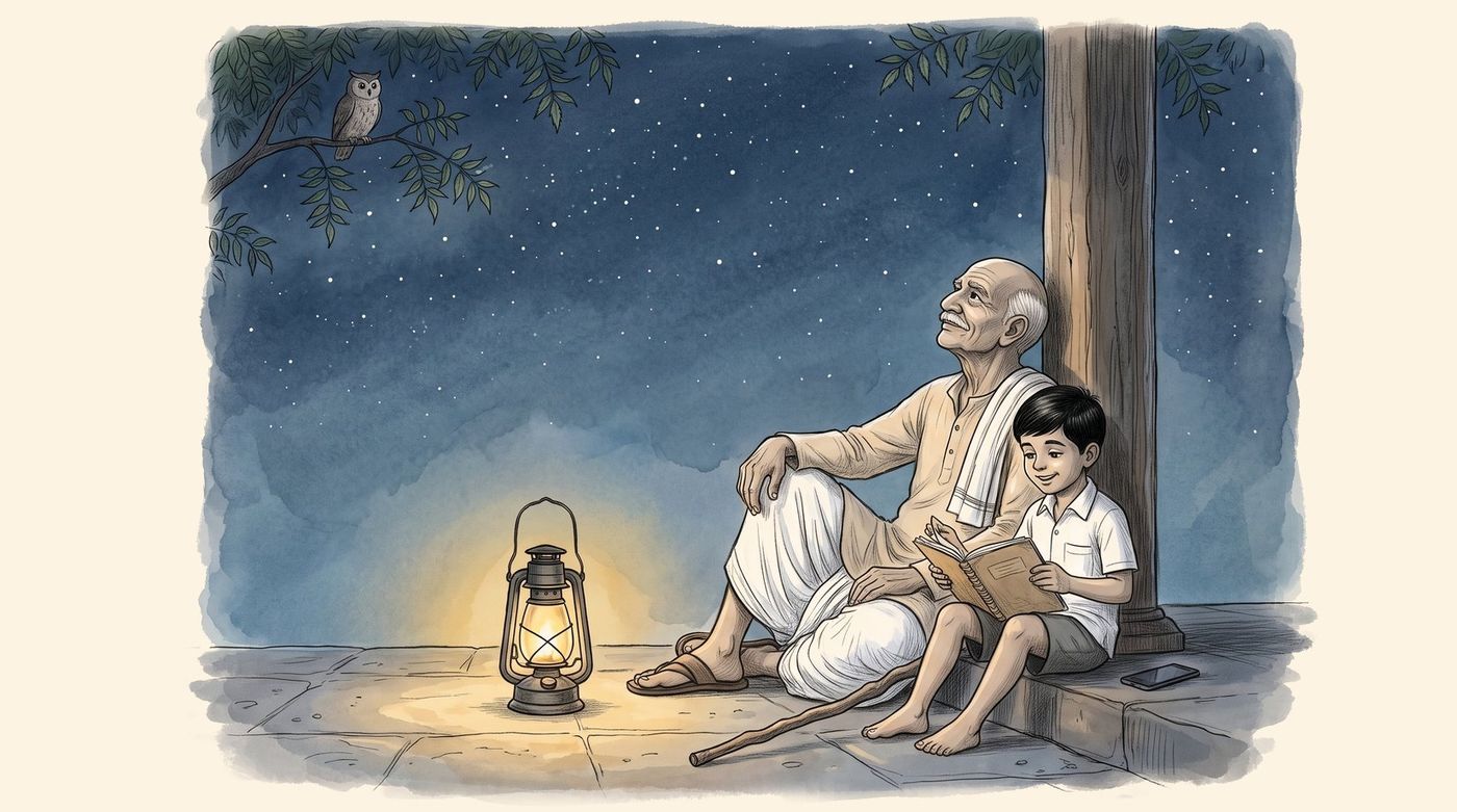 తాతగారు, చిన్నా ఆకాశంలో నక్షత్రాలు చూస్తూ